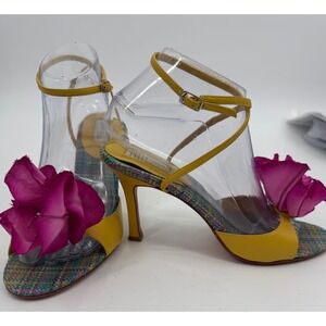 Pelle Moda Sandals Women 8.5M Yellow Pink Floral Ankle Strap Stiletto Heels